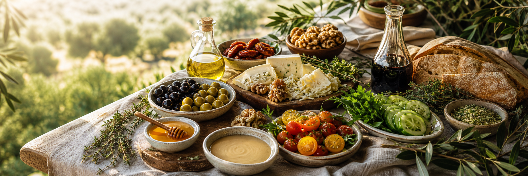 Zeytinlik manzarasında yöresel kahvaltı sofrası
